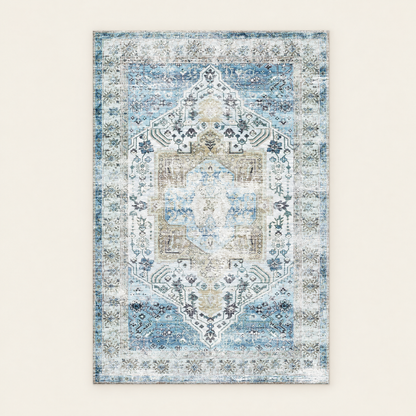 Vintage oriental washable rug in aegean blue