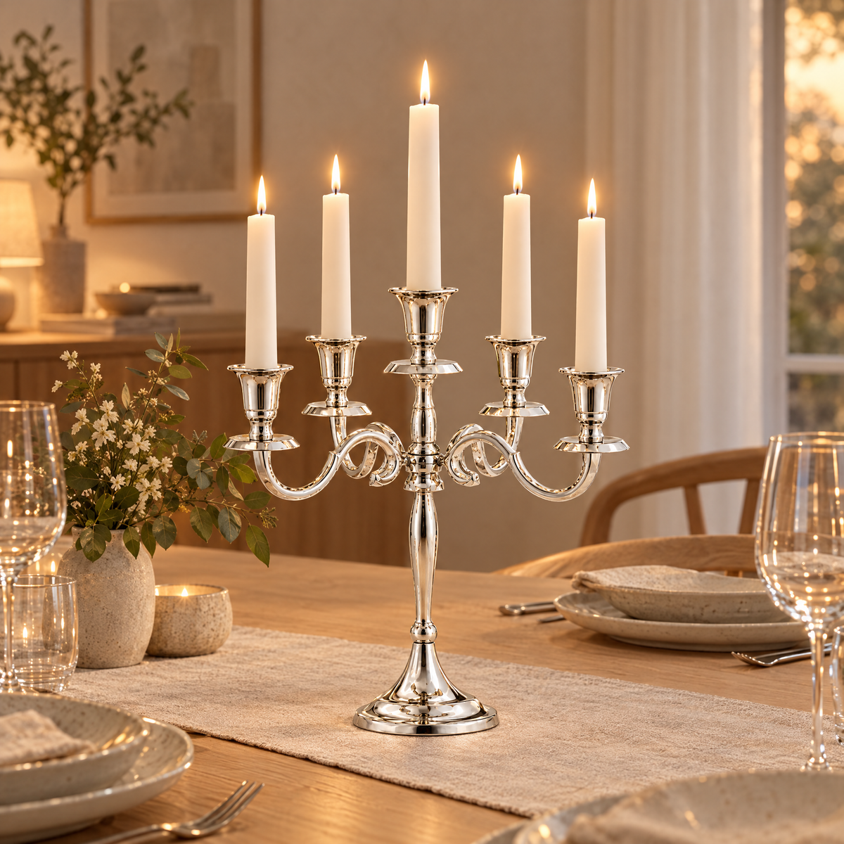 Silver five-arm candelabra with lit tapers on a linen-laid dining table