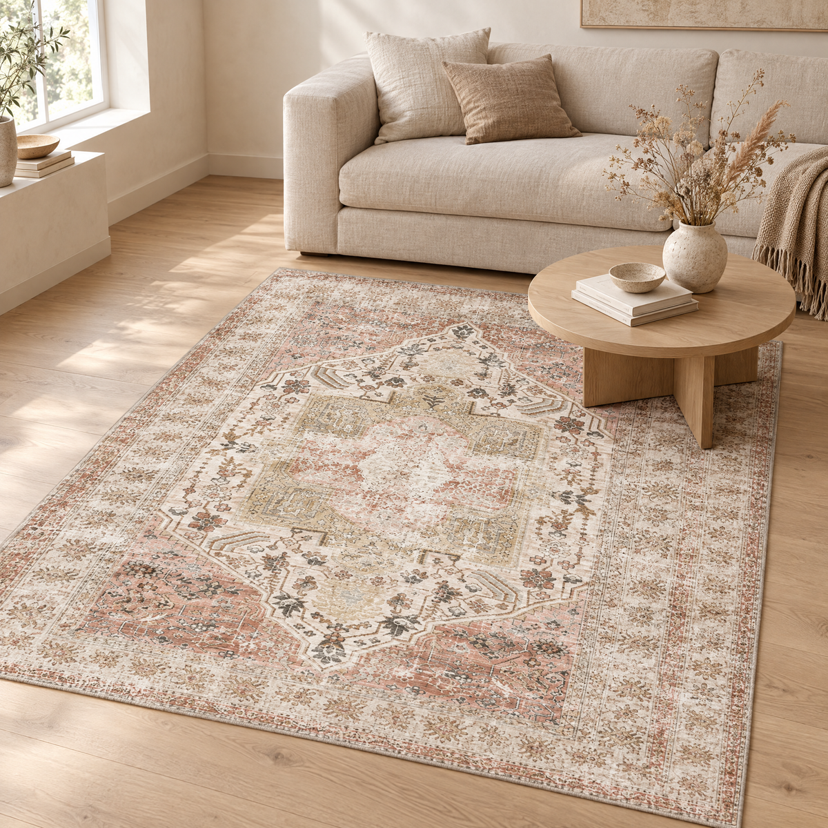 Rosewater beige vintage oriental rug under a linen sofa in a Scandinavian living room
