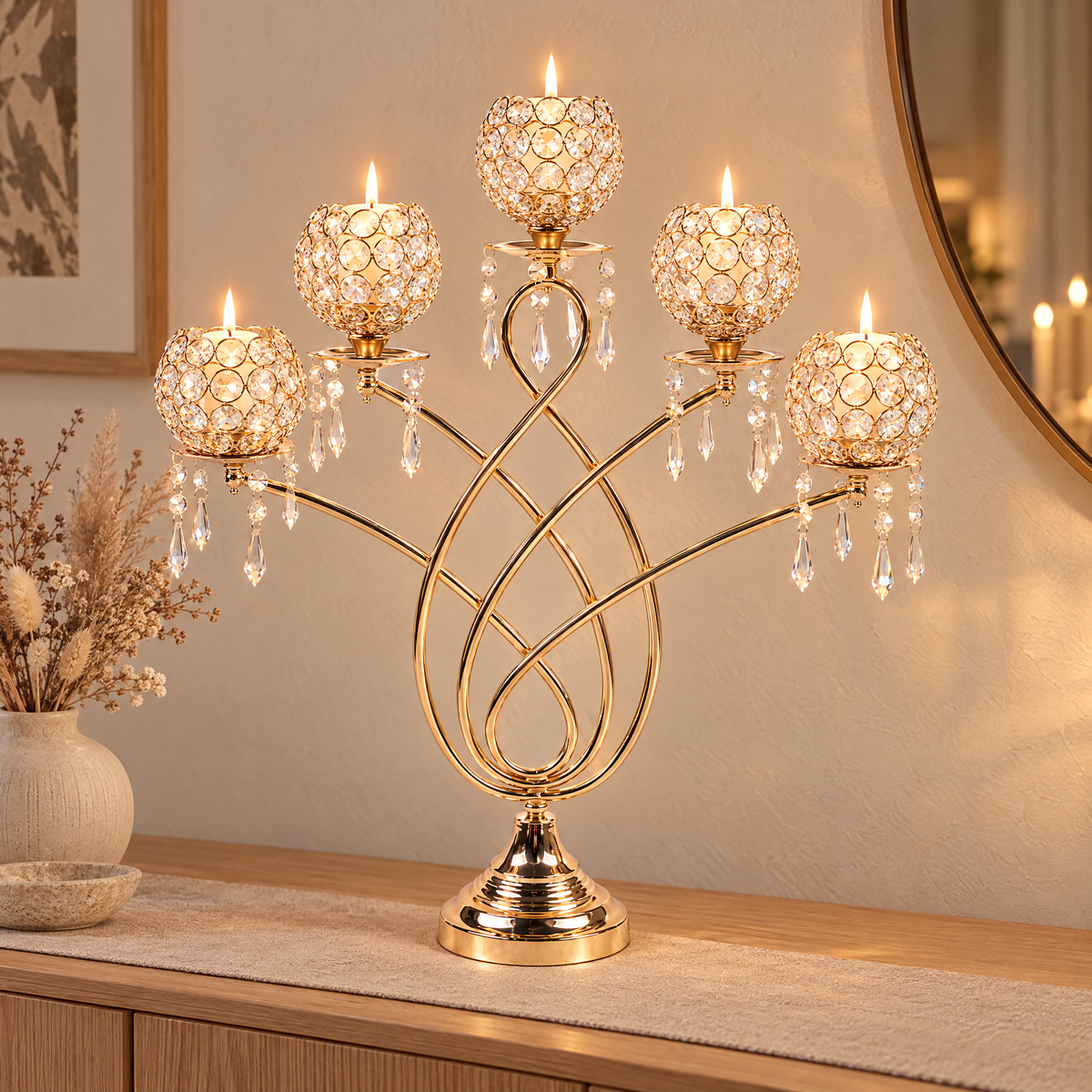 Crystal candelabra with lit candles on an oak sideboard