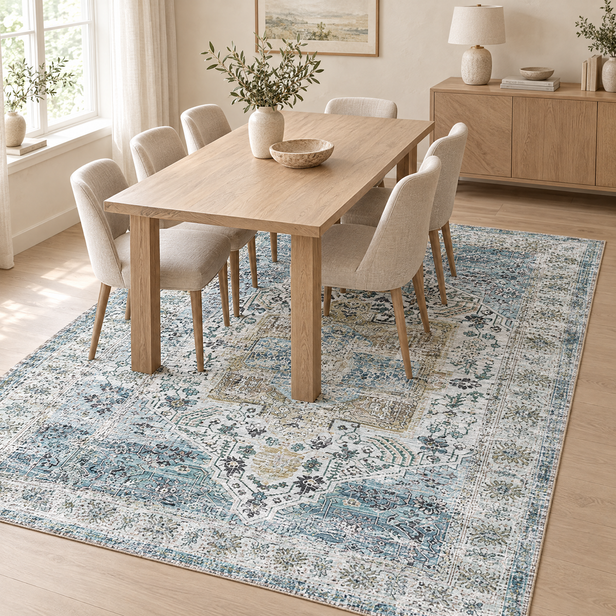 Aegean blue vintage oriental rug under an oak dining table