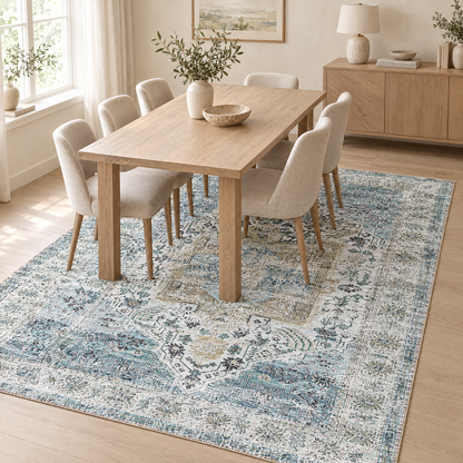 Aegean blue vintage oriental rug under an oak dining table