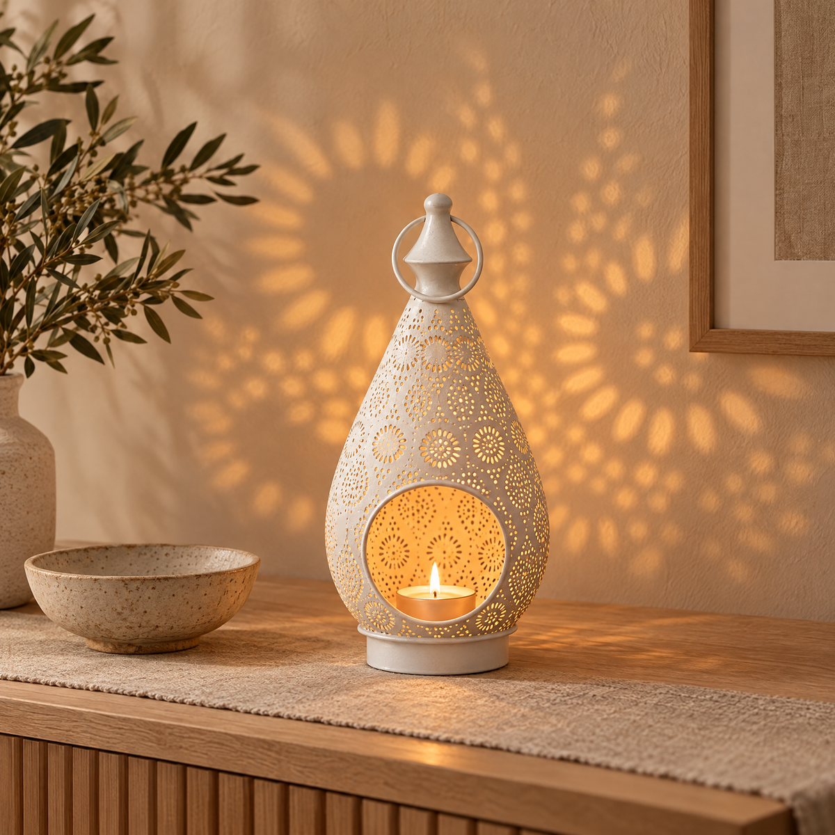 White Arabic lantern projecting its pattern onto a wall by candlelight