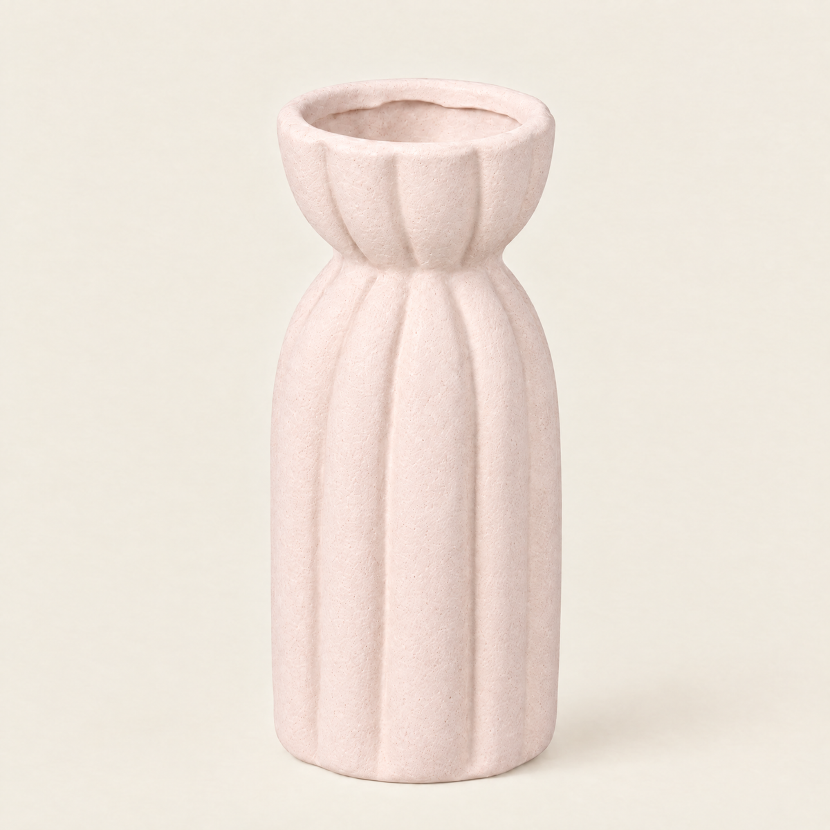 Ribbed matte light pink stoneware vase 33.7cm
