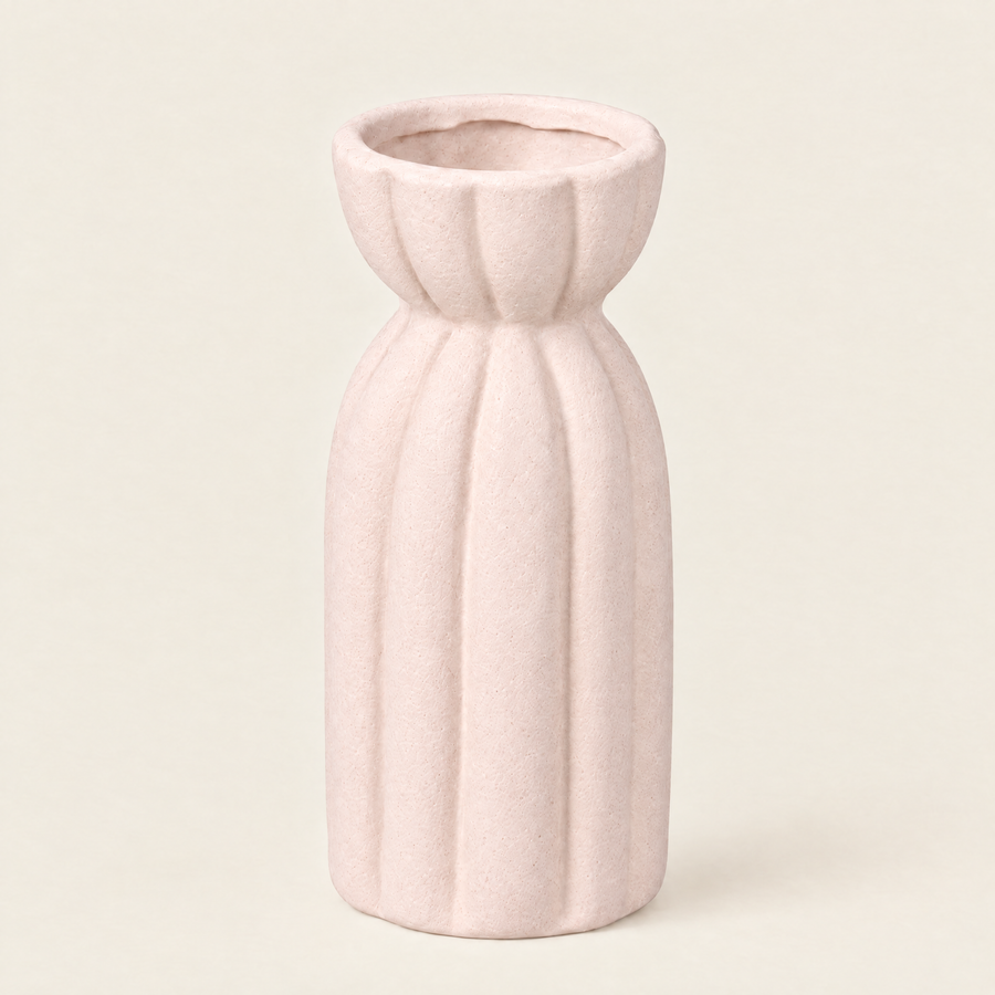 Ribbed matte light pink stoneware vase 33.7cm