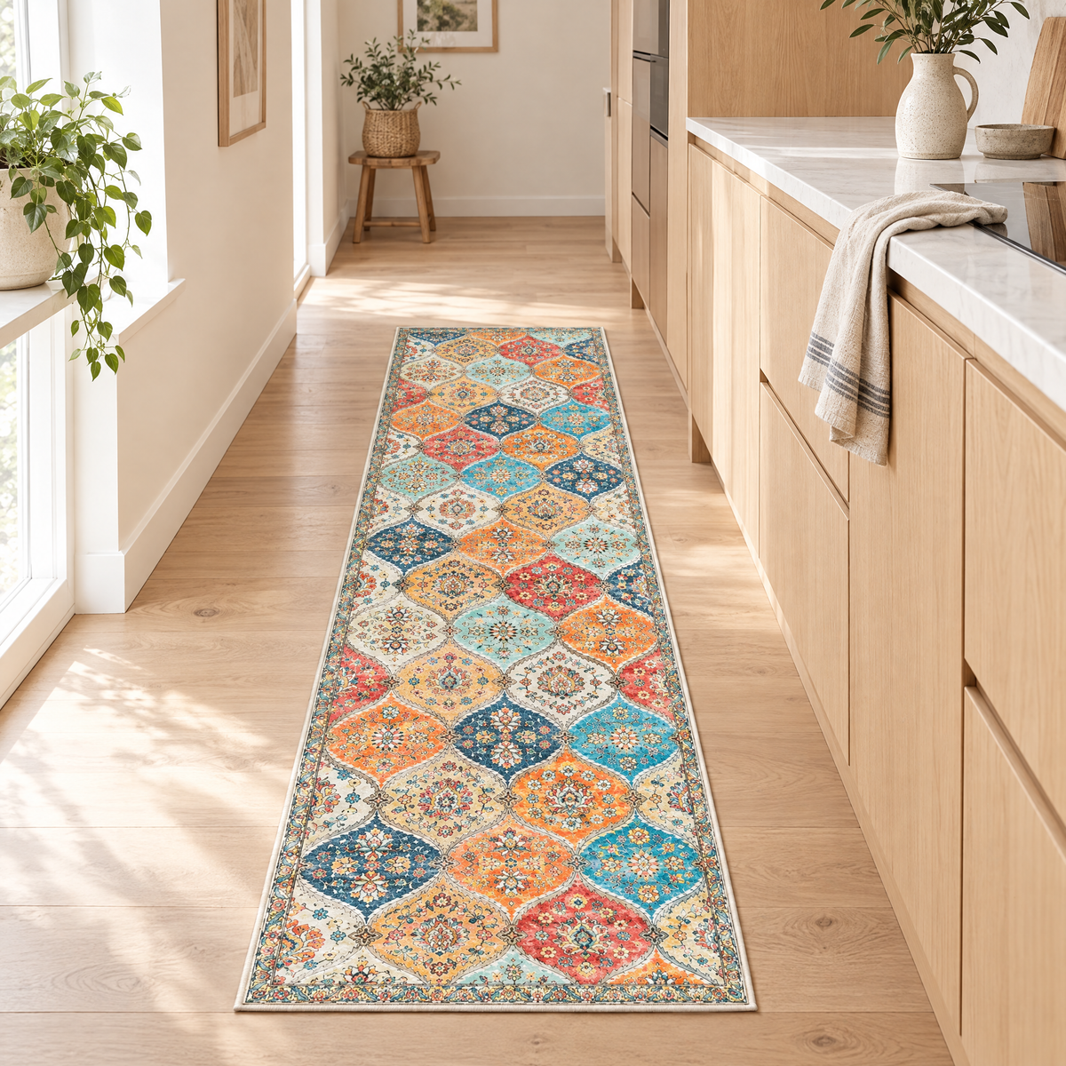 Marrakesh Trellis runner in a bright oak kitchen