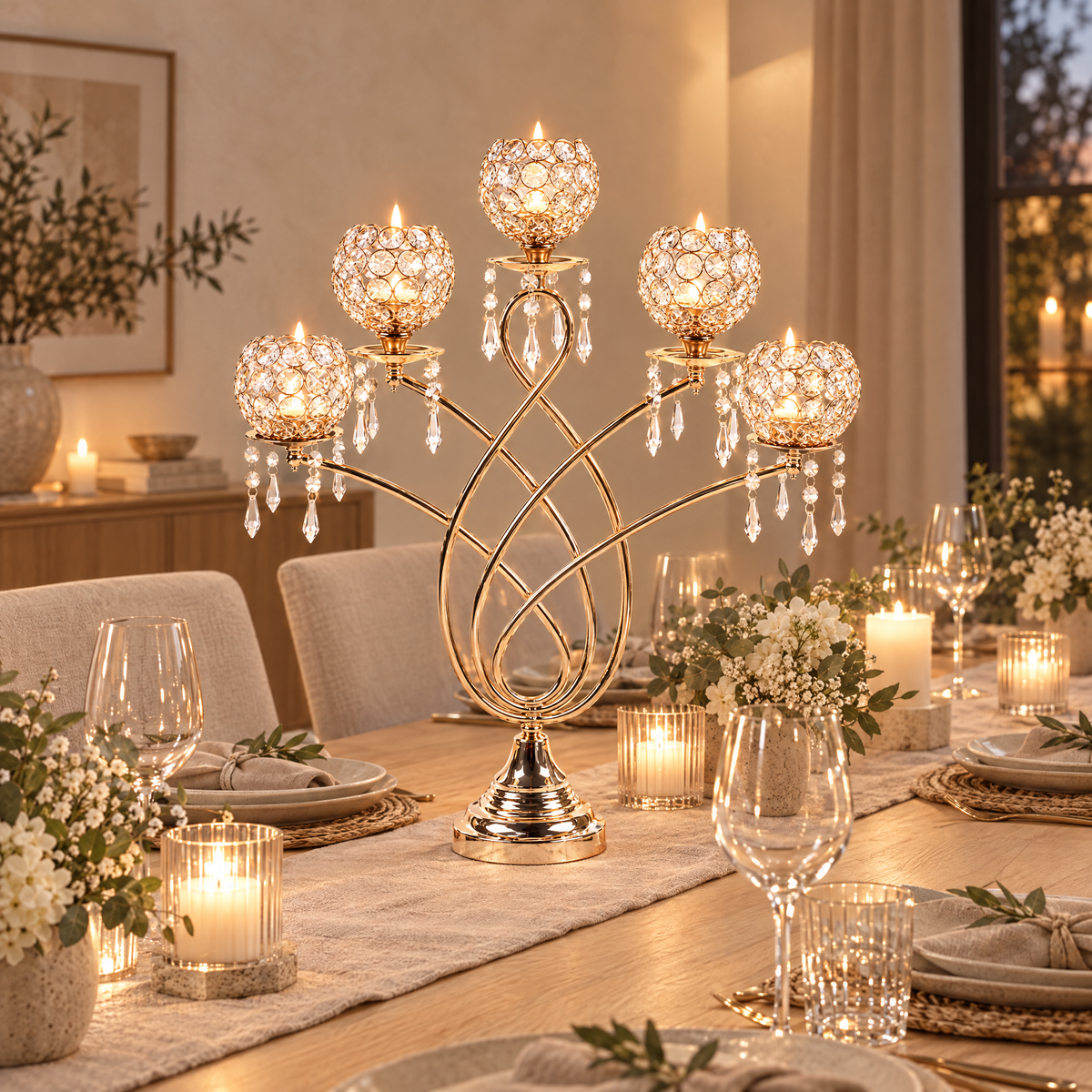 Crystal candelabra as the centrepiece of a candlelit dinner table
