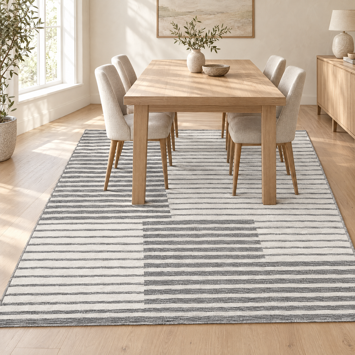 Pebble grey striped short pile rug under an oak dining table