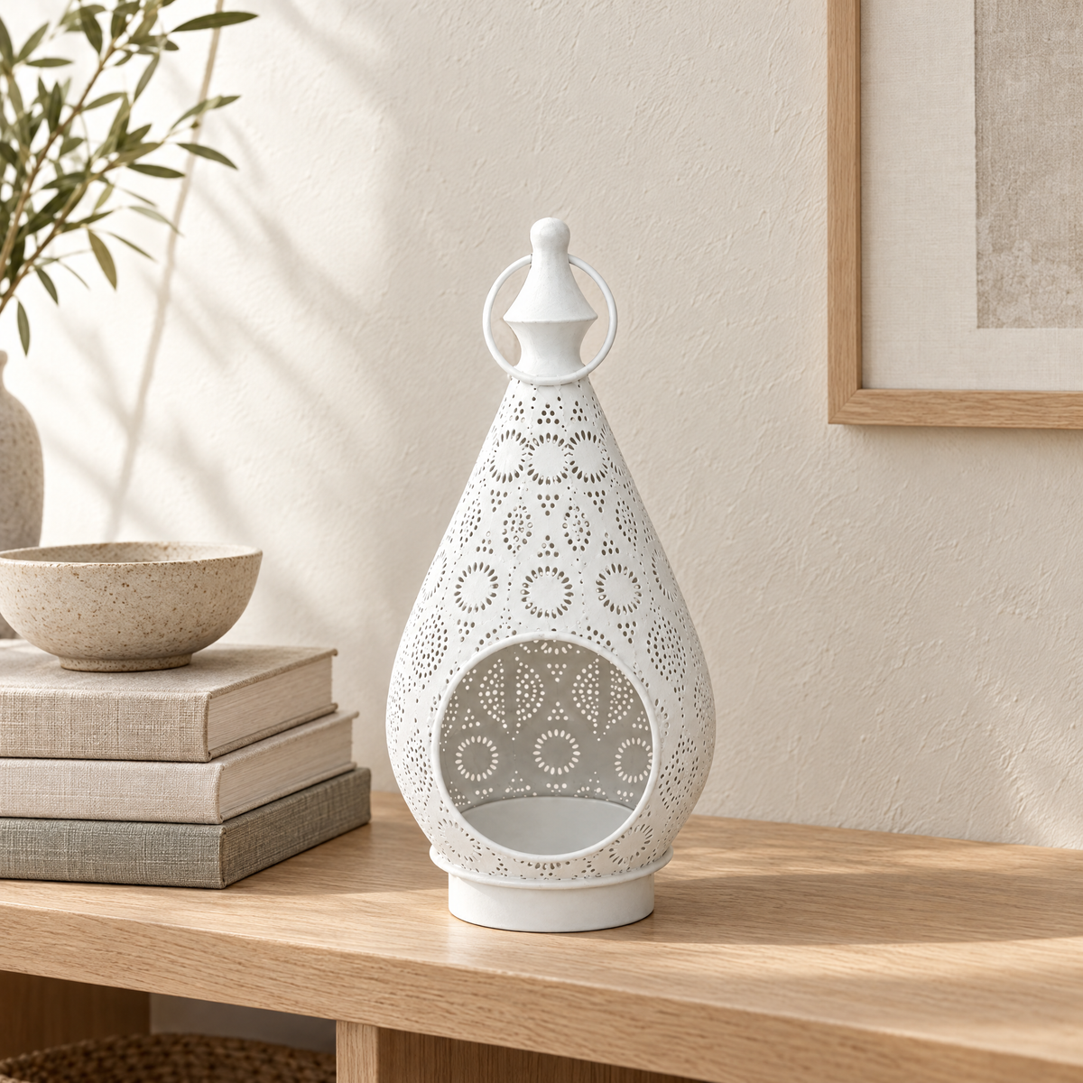 White Arabic lantern on an oak shelf in daylight