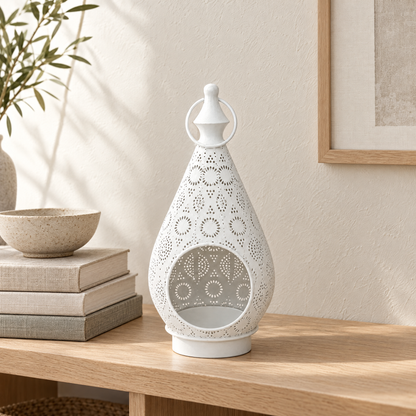 White Arabic lantern on an oak shelf in daylight