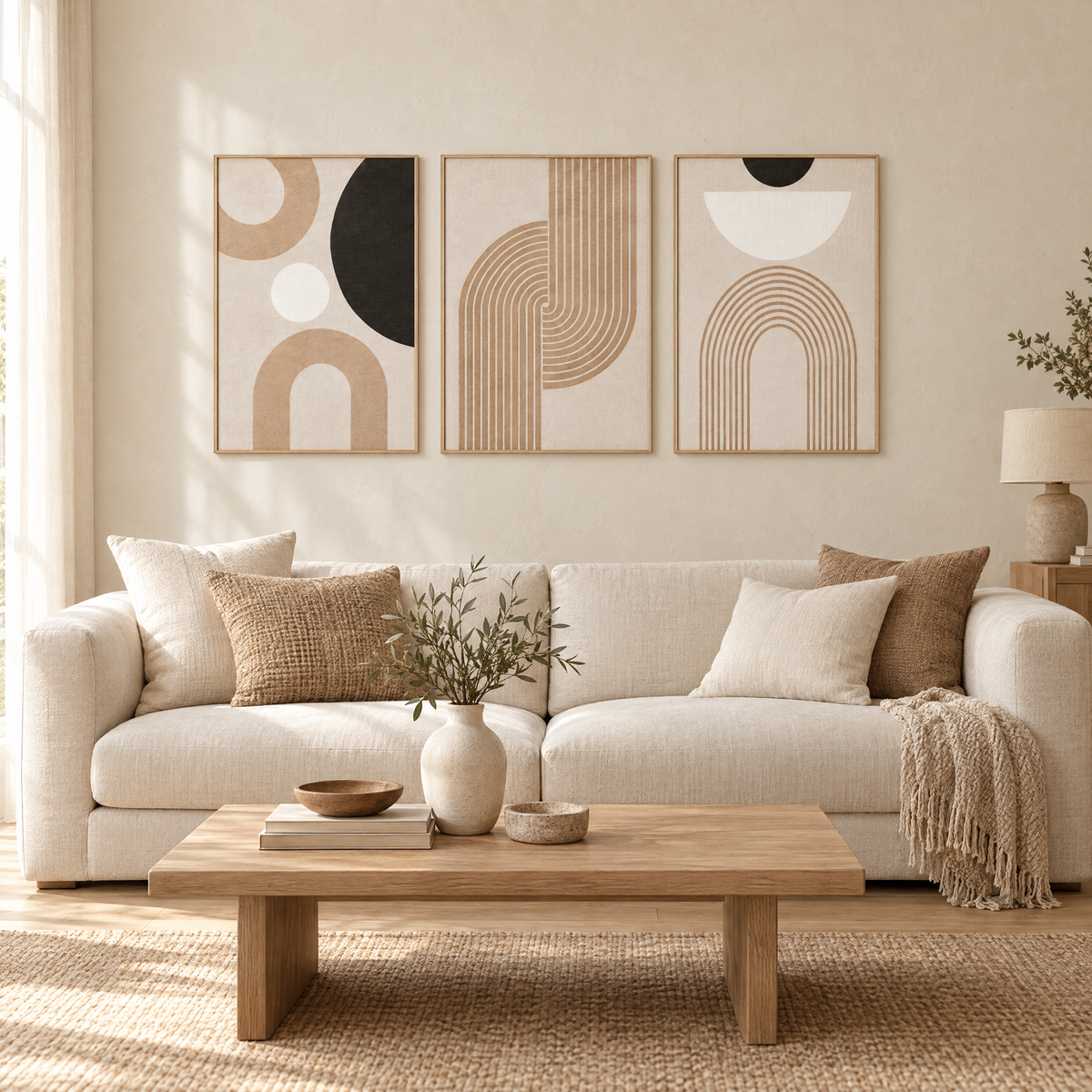 Boho abstract triptych above a cream linen sofa