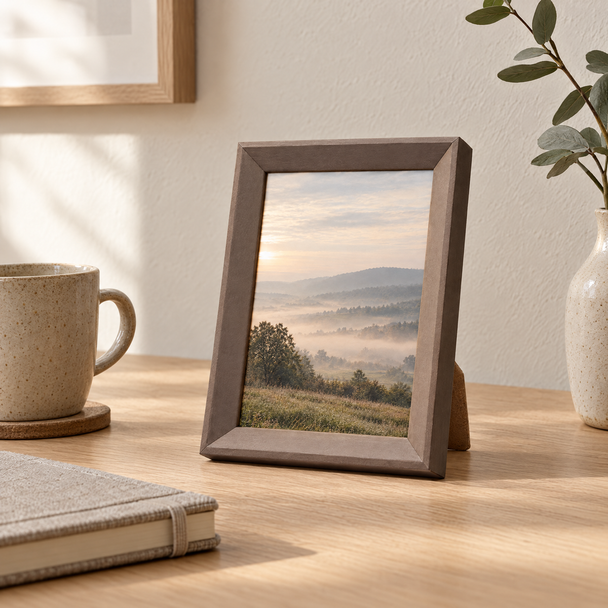 Small pine picture frame on an oak desk