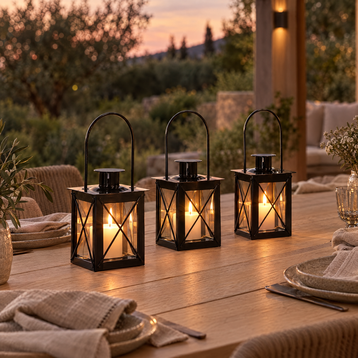 Three small black glass lanterns lit on a terrace table at dusk