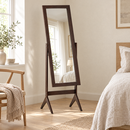 Dark wood cheval mirror in a calm bedroom