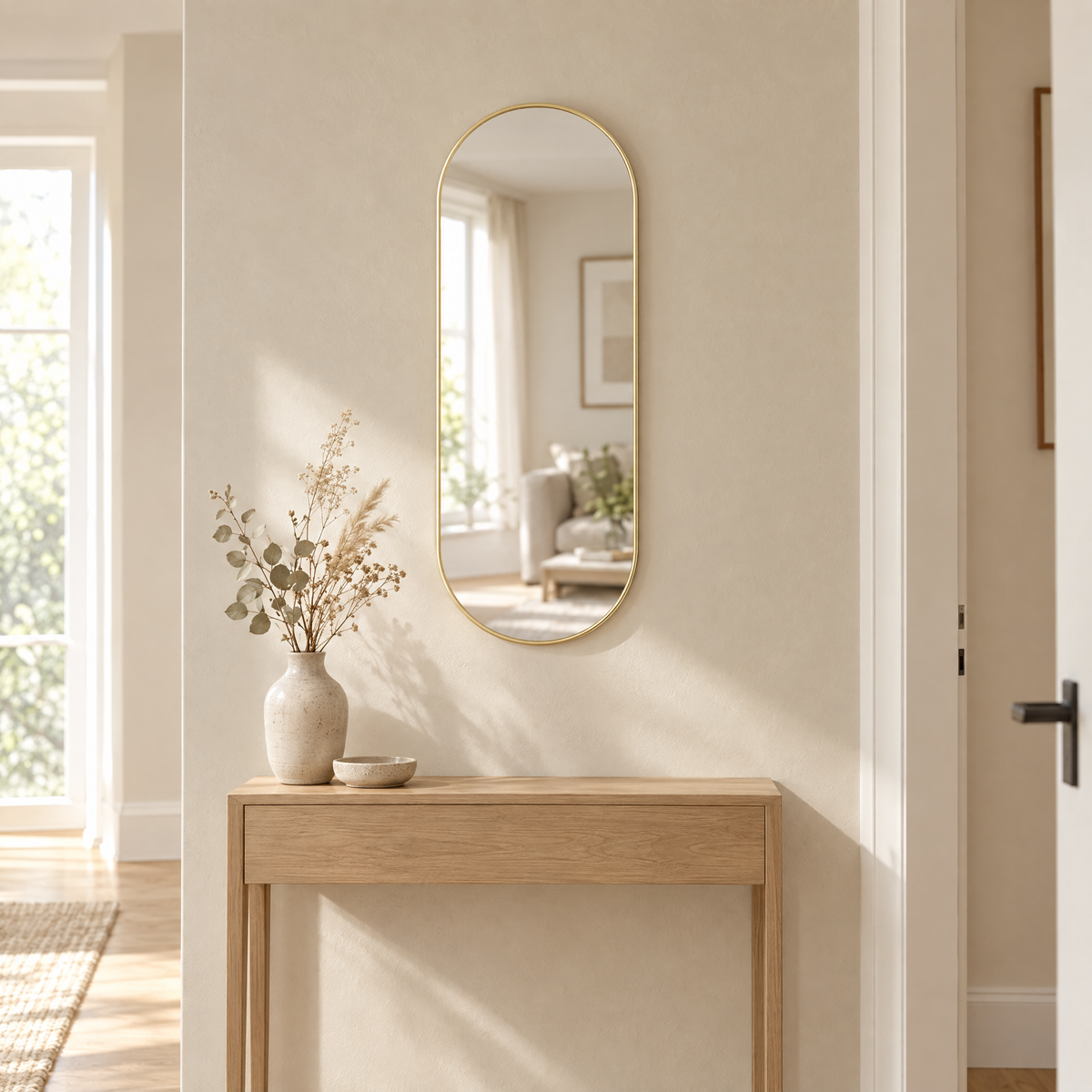 Slim gold oval mirror above a small oak console in a hallway