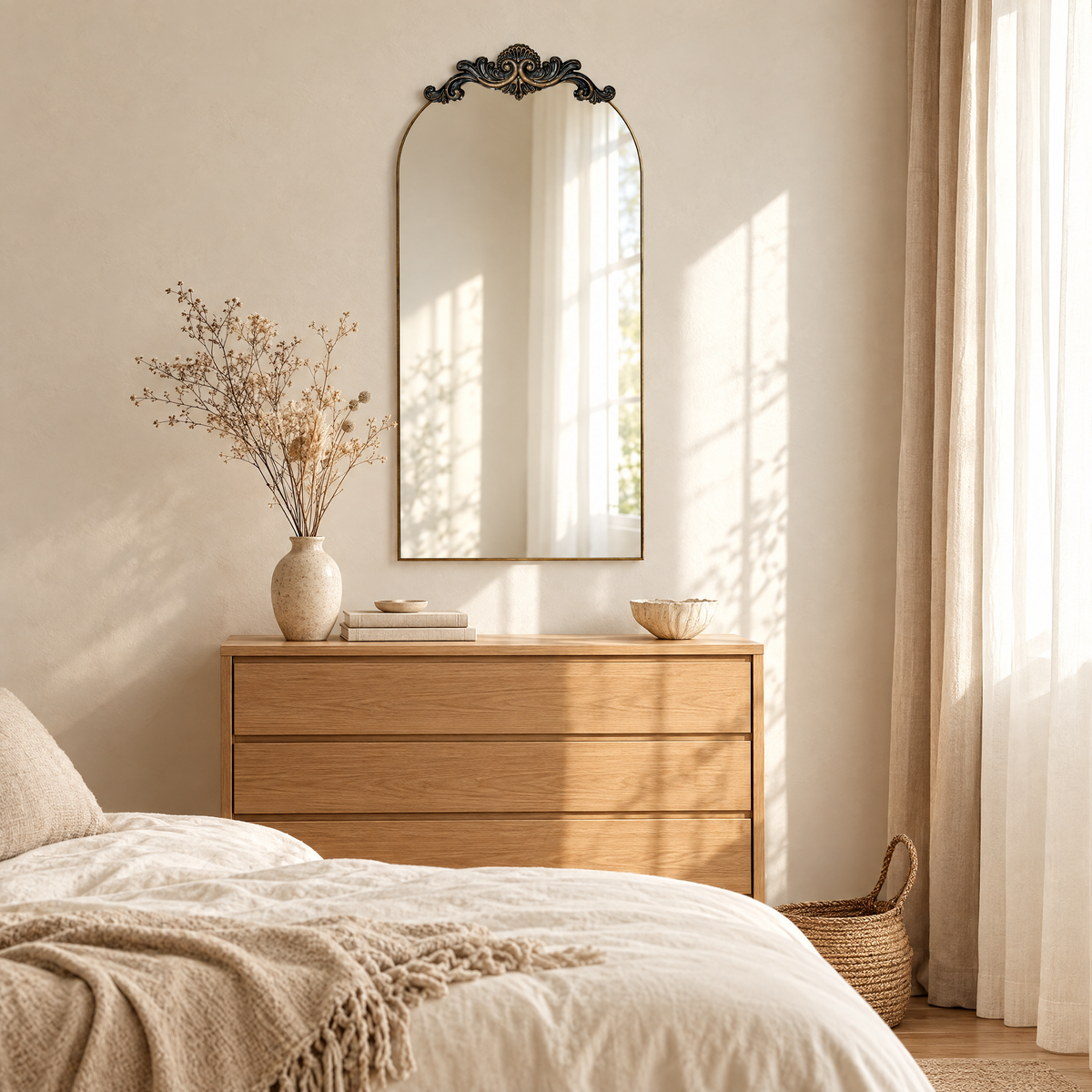 Tall arched mirror with ornate crest above an oak chest of drawers