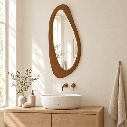 Organic wooden mirror above an oak vanity in a calm bathroom