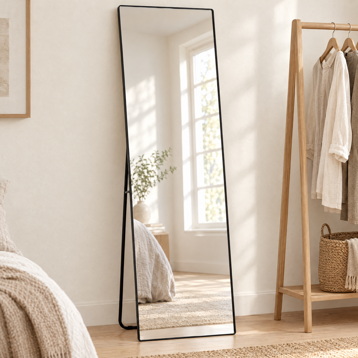 Full-length black mirror leaning in a bedroom dressing corner