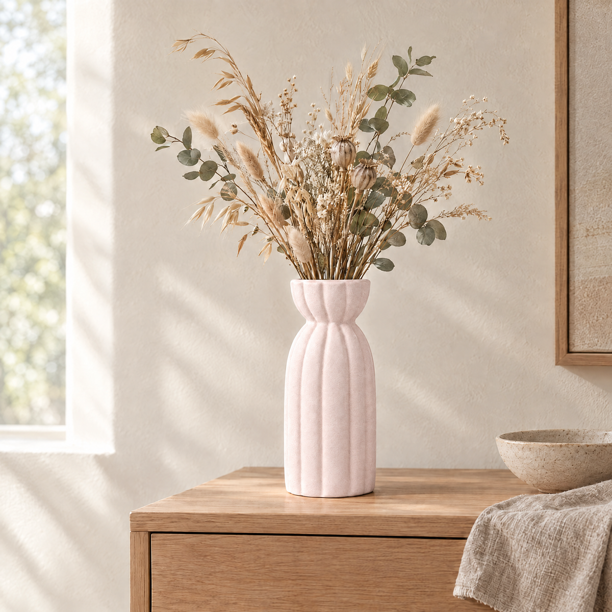 Light pink ribbed stoneware vase with dried grasses on an oak sideboard