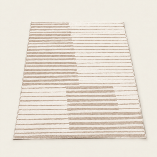 Short pile striped washable rug in sand beige