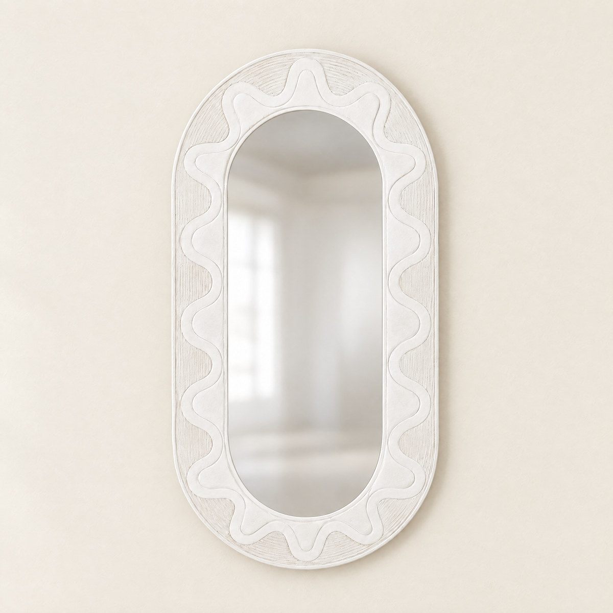 Large white wavy carved capsule wall mirror 154x92cm