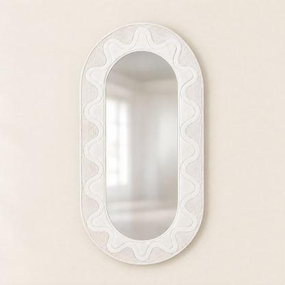 Large white wavy carved capsule wall mirror 154x92cm