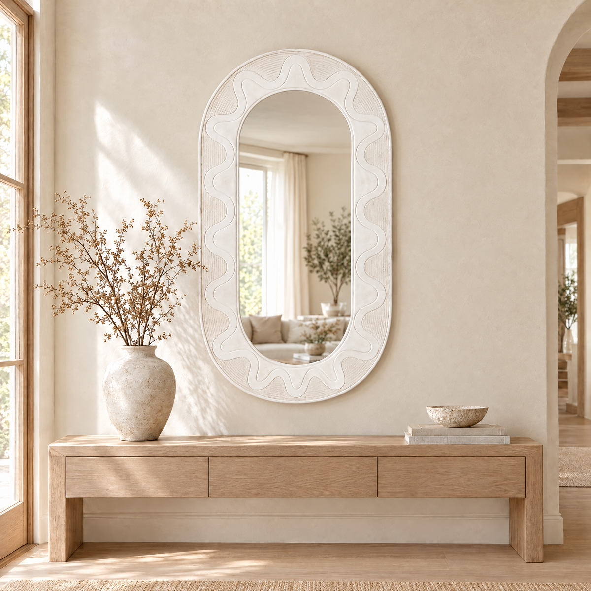 Large white carved capsule mirror above an oak console in an entrance hall