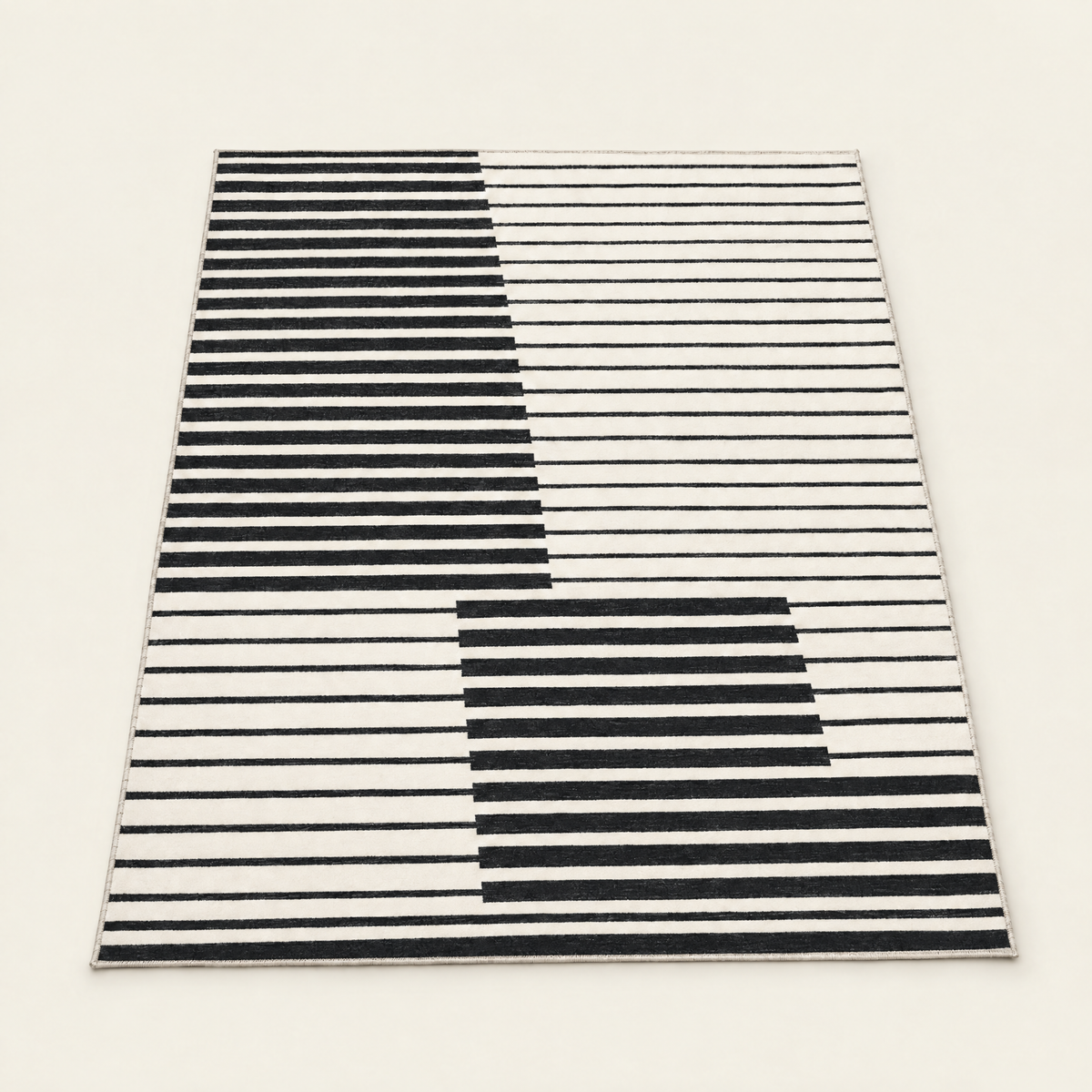Short pile striped washable rug in ink black