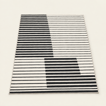 Short pile striped washable rug in ink black