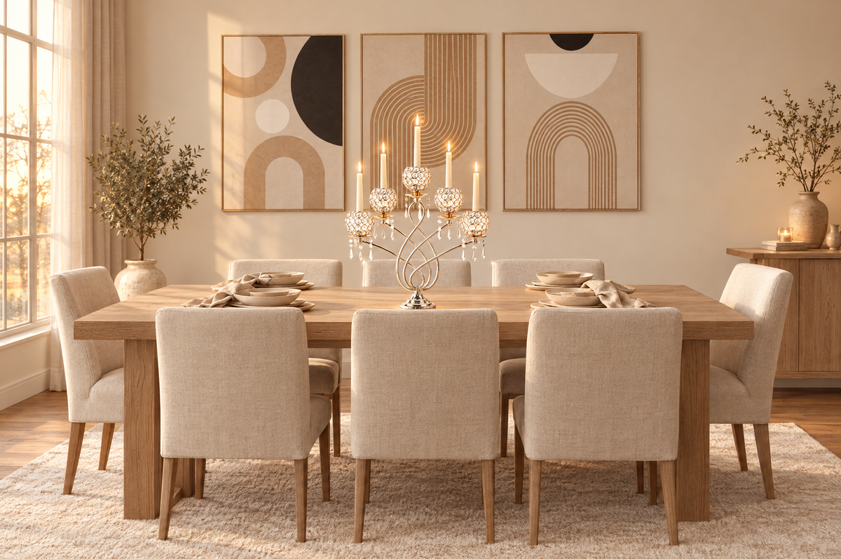 A candlelit oak dining table with a crystal candelabra centrepiece, cream linen chairs on an ivory velvet rug, and a triptych of abstract arch canvases on the wall