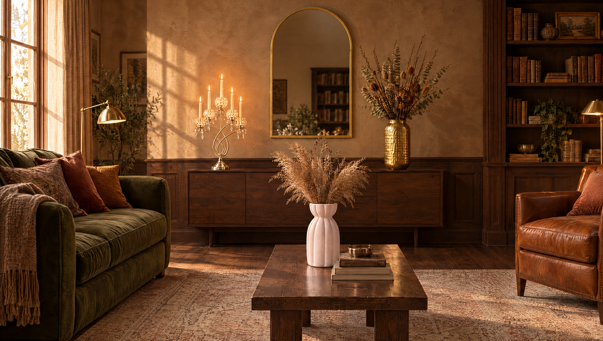A warm walnut-panelled living room with an olive velvet sofa, a gold arched mirror above a sideboard with a lit crystal candelabra and a hammered gold vase, and a pale pink ribbed vase on the coffee table over an oriental rug