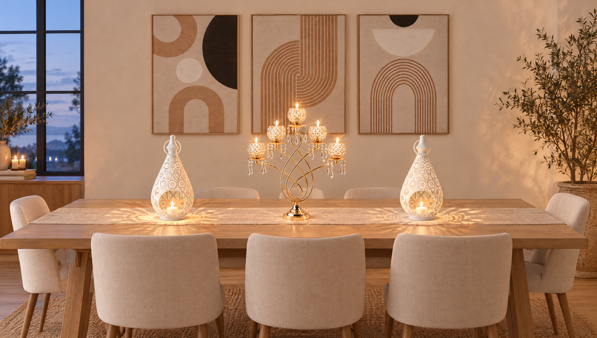 Oak dining table at dusk with a lit crystal candelabra, two white Arabic lanterns and an abstract triptych on the wall